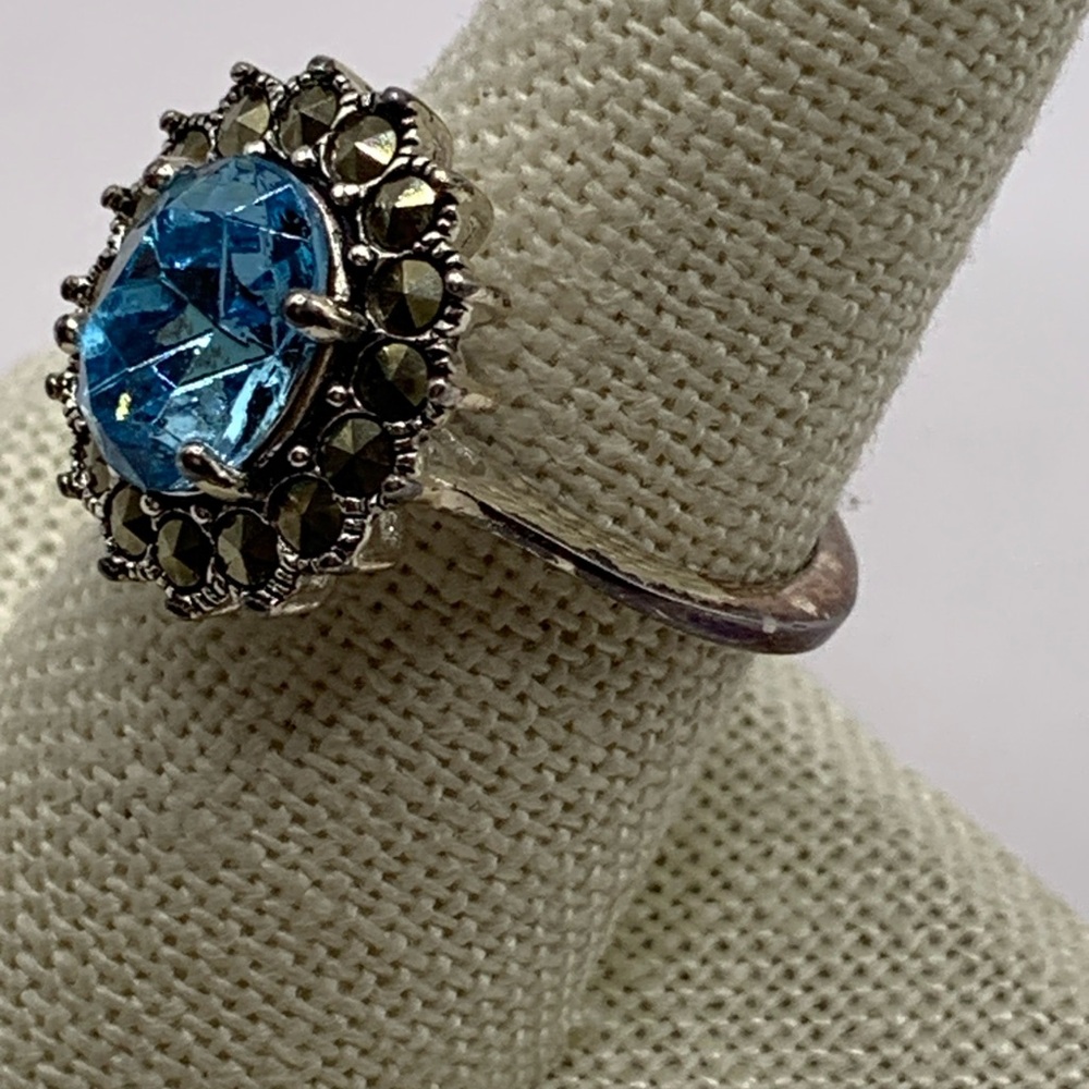 Sterling Silver Aquamarine & Marcasite Cocktail Ring Size 8.5